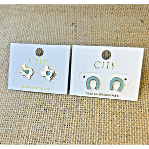 Horseshoe Heart Of Texas Earrings SET Mint Color Gold Tone Post Enamel Earrings